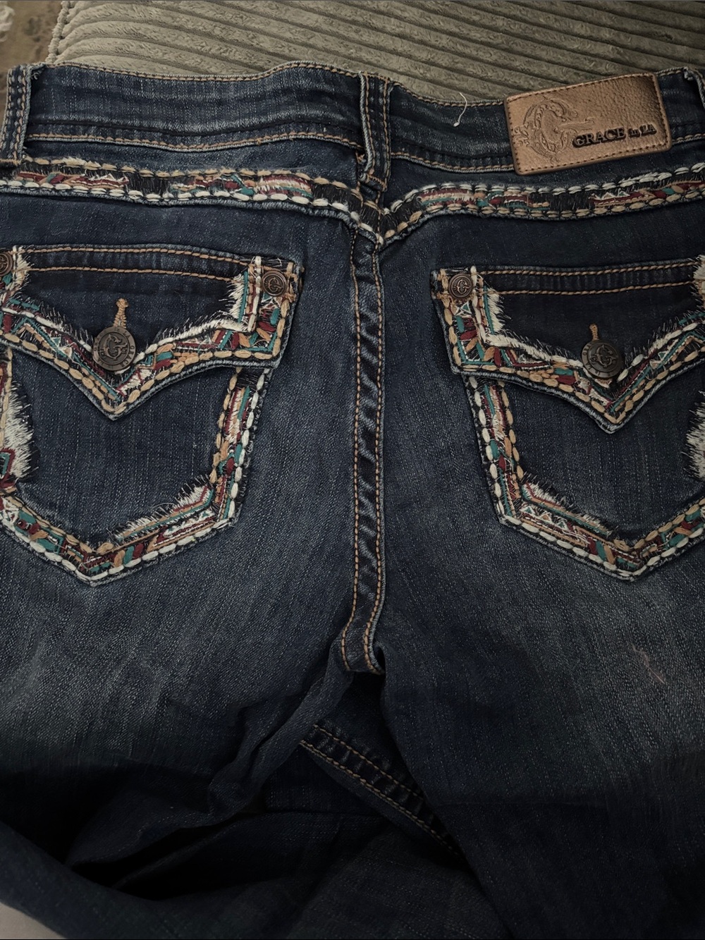 GRACE Women's Boot Cut Jeans - Indigo with Embroidered Pocket Detail - Picture 2 of 2